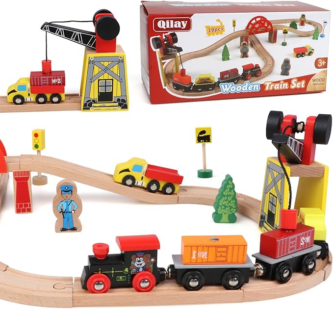 Qilay Wooden Train Set for Toddler - 39 Pcs Wooden Train Tracks with Crane, Bridge & 5 Wooden Trains - Train Toys for 3,4,5 Year Old Boys & Girls - Fit All Major Bands Train Tracks Set