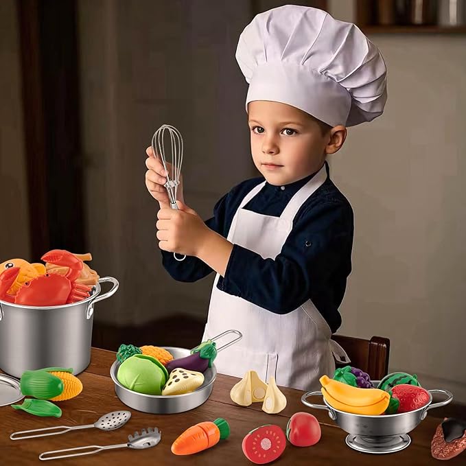 12Pcs Large Size Kids Pots and Pans Playset, Pretend Play Kitchen Set Toy Stainless Steel Pots and Pans Cooking Toys Accessories for Kids Toddler Age 3 Years Old