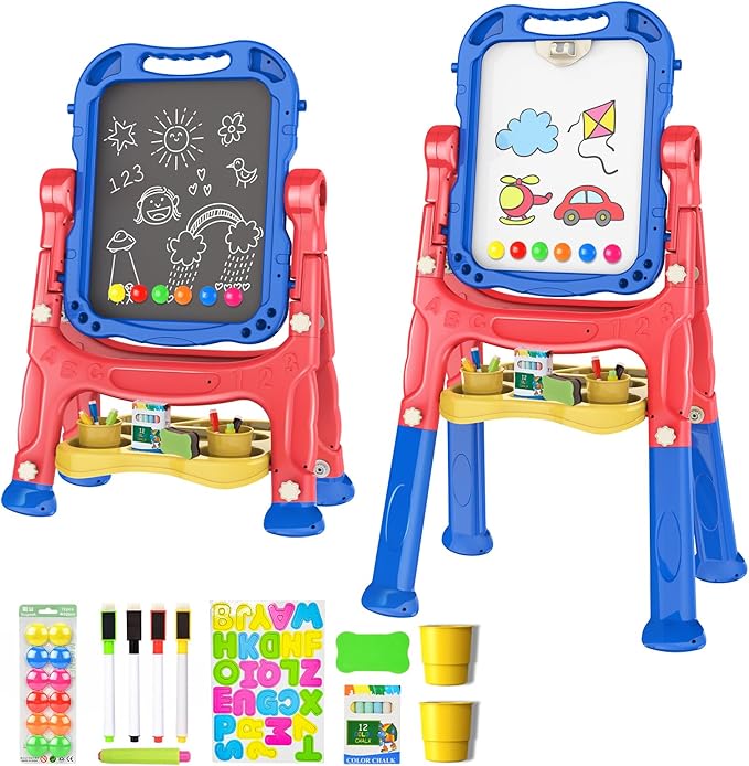 Amagoing Easel for Kids, Adjustable Standing Art Easel for Toddler, Double Drawing Board with Painting Accessories, Birthday Christmas Gift for Little Boys and Girls, Middle Size Blue+Red