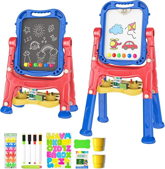 Amagoing Easel for Kids, Adjustable Standing Art Easel for Toddler, Double Drawing Board with Painting Accessories, Birthday Christmas Gift for Little Boys and Girls, Middle Size Blue+Red