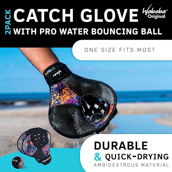 Waboba Catch Water Gloves Pro Water Bouncing Ball Set - for Beach Games & Swimming Pool Toys – 2 Baseball Style Mitts for Catching Water Balls – One Size Ambidextrous Design, Black