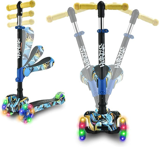 Hurtle 3-Wheeled Scooter for Kids - Wheel LED Lights, Adjustable Lean-to-Steer Handlebar, and Foldable Seat - Sit or Stand Ride with Brake for Boys and Girls Ages 1-14 Years Old