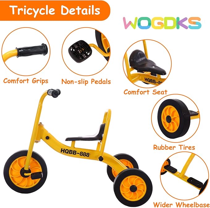 Kids Tricycle for Ages 2-6, Preschool Daycare Pedal Tricycle, Outdoor Playground Kids Trike with Inflation-Free Rubber Wheels, Carbon Steel Frame