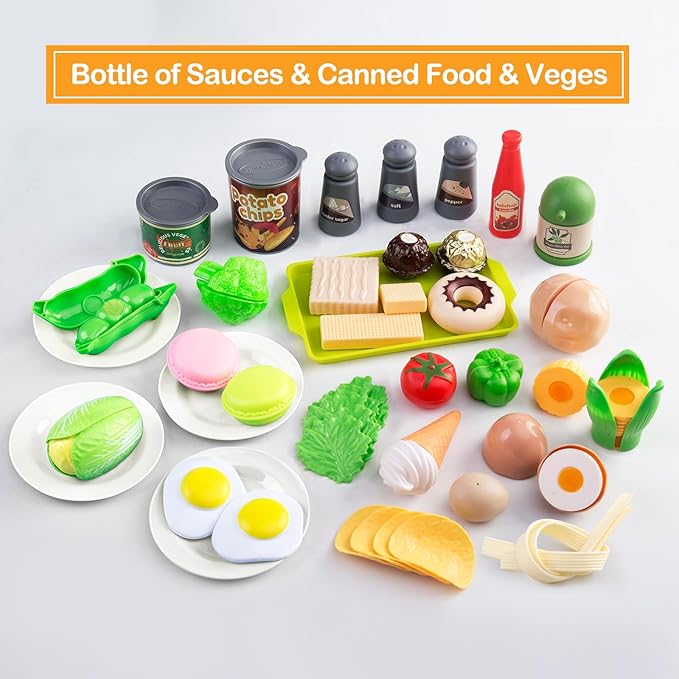 150Pcs Kitchen Playset, Toddlers Pretend Cooking Cookware Accessories, Food, Picnic Blanket, Fruits, Veges, 2Pack Shopping Storage Basket, Dessert and Prop Money, Gift for Kids (White)