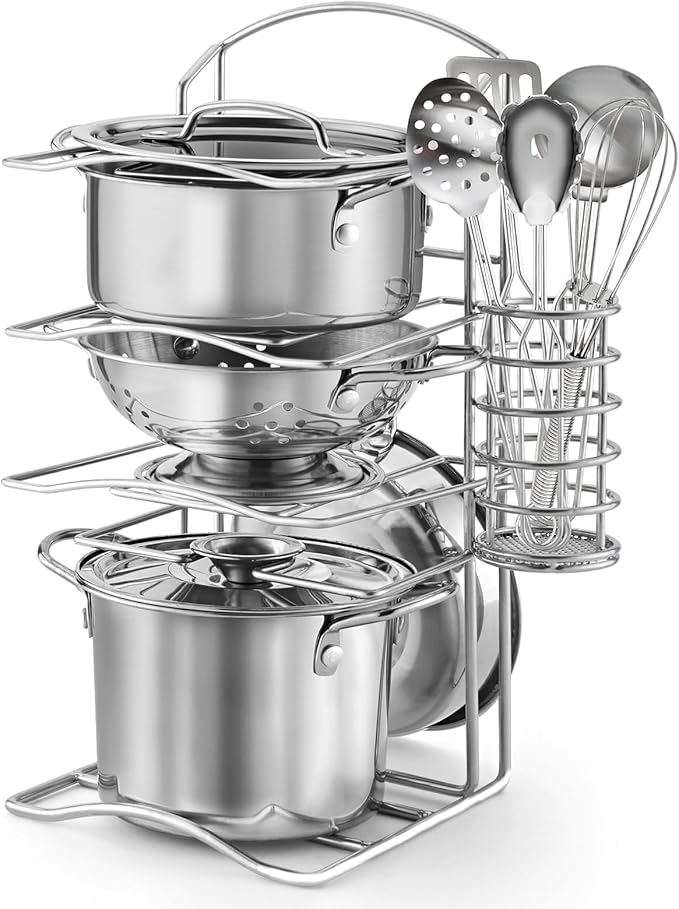 12Pcs Large Size Kids Pots and Pans Playset, Pretend Play Kitchen Set Toy Stainless Steel Pots and Pans Cooking Toys Accessories for Kids Toddler Age 3 Years Old