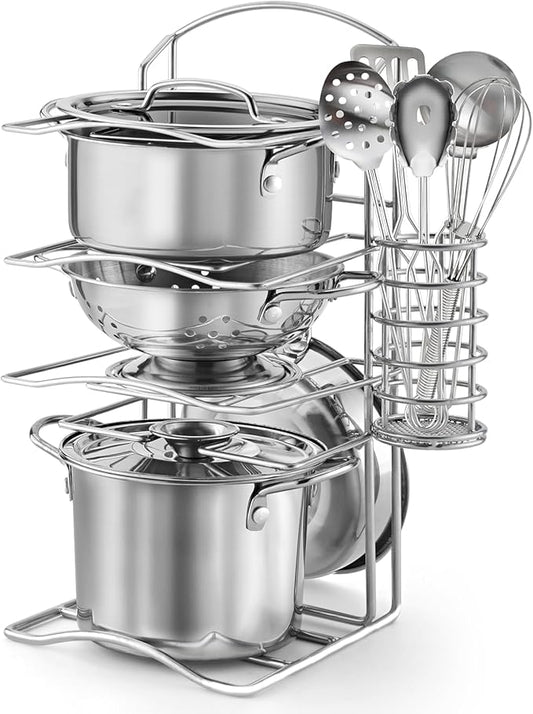 12Pcs Large Size Kids Pots and Pans Playset, Pretend Play Kitchen Set Toy Stainless Steel Pots and Pans Cooking Toys Accessories for Kids Toddler Age 3 Years Old