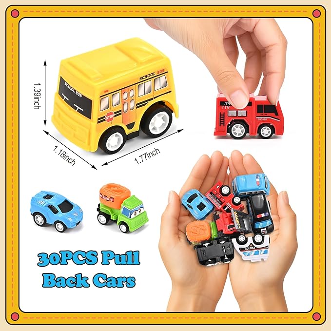 GOLDGE 30-Piece Pull-Back & Friction-Powered City Cars & Trucks Toy Vehicle Set for Toddlers, Boys & Girls – Educational Play, Stocking & Easter Basket Stuffers (30 City Cars and Trucks)