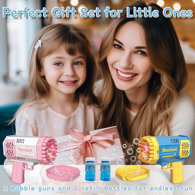 2 Bubble Gun with 2 Bottles Refill Solution for Kids, 40-Hole Light Up Rocket Bubble Machine for Toddlers 1-3, Bubble Blaster Maker, Party Favors Toys for Boys Girls 4-8 Birthday Gifts