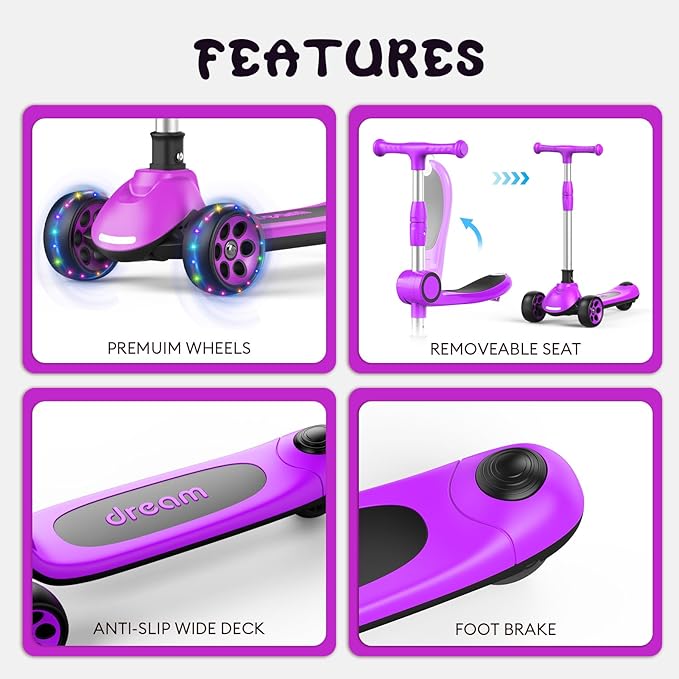 Kids Kick Scooter,Adjustable Height Handlebars and Removable Seat Scooters for Kids,3 Lighted Wheels Anti-Slip Deck Toddler Scooter for Boys & Girls Aged 3-12 up to 132 Lbs.