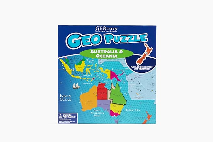 GeoToys GeoPuzzle, Australia & Oceania Shaped Jigsaw Puzzles, 70 Pc Geography Puzzle, Geography Game, Map Puzzle - Jigsaw Puzzles for Kids Ages 6-9 Years Old