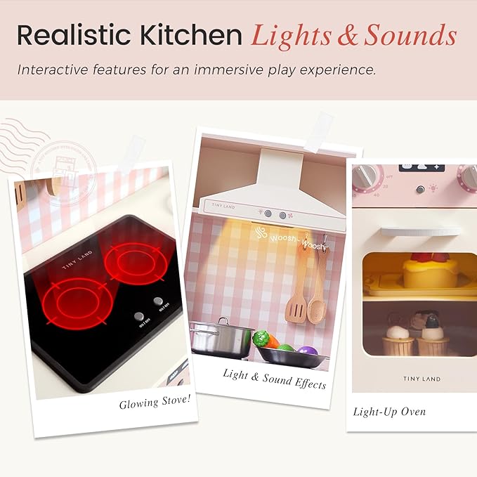 Tiny Land Play Kitchen for Kids, Wooden Kids Play Kitchen Playset Chef Pretend Play Set for Toddlers with Real Lights & Sounds, Toys Kitchen with 18 Pcs Toy Food & Cookware Accessories