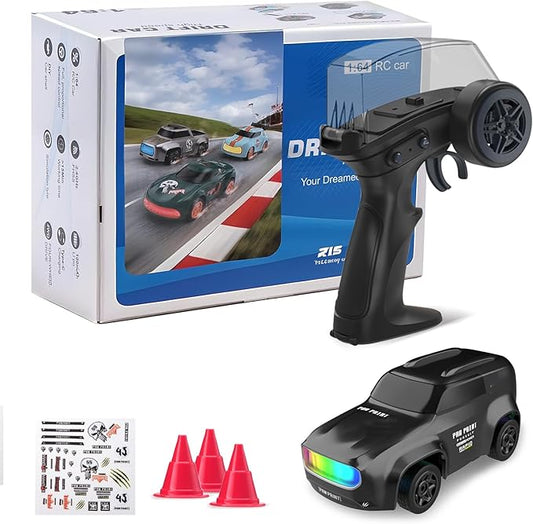RC Drift Car 1/64 Scale Mini RC, 2.4Ghz Micro Turbo Racing 4WD Desktop Remote Control Rally Car with LED Lights for Adults Kid Toys Gift (Black Concept Model)