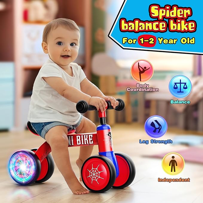 Baby Balance Bike 1-2 Year Old: Spider Toddler Bike Baby Bike for 10-24 Month with Colorful Lighting & 4 Wheels First Riding on Toys Spider Easter Birthday Gifts for One Year Old Boy Girl Gifts