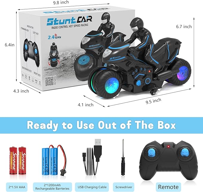 RC Motorcycle, Remote Control Motorcycle with RGB Wheels Lights - 360-degree Rotations, Drifts, High-Speed, RC Car Dirt Bike Toy for Boys 4-7 8-12 Years Kids
