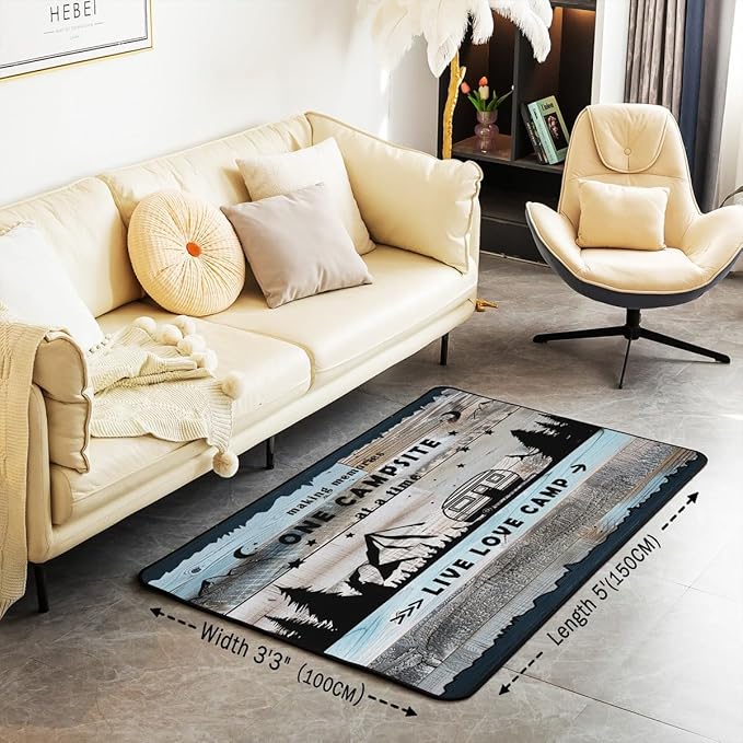 Erosebridal Happy Camping Area Rug 3x5 RV Campsite Rug for Boys Men Retro Wooden Board Rustic Mountain Carpet Blue Black Woodland Adventure Bedroom Non Slip Decorative Rug