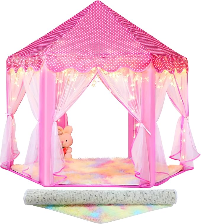Princess Tent with Rainbow Rug, Little Star Lights for Girls, Pink Play Tent for Kids, Girls Toys Set for Indoor Princess Games Decor, Princess Castle Playhouse