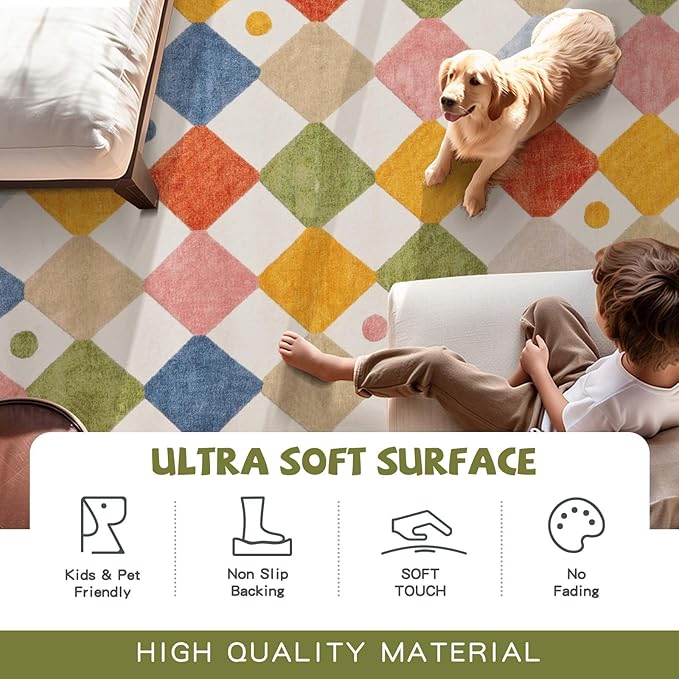 jinchan Area Rug 3x5 Kids Washable Indoor Floor Cover Non Slip Modern Soft Rug Living Room Diamond Carpet Holiday Decor for Nursery Dining Room Bedroom Circus on Cream