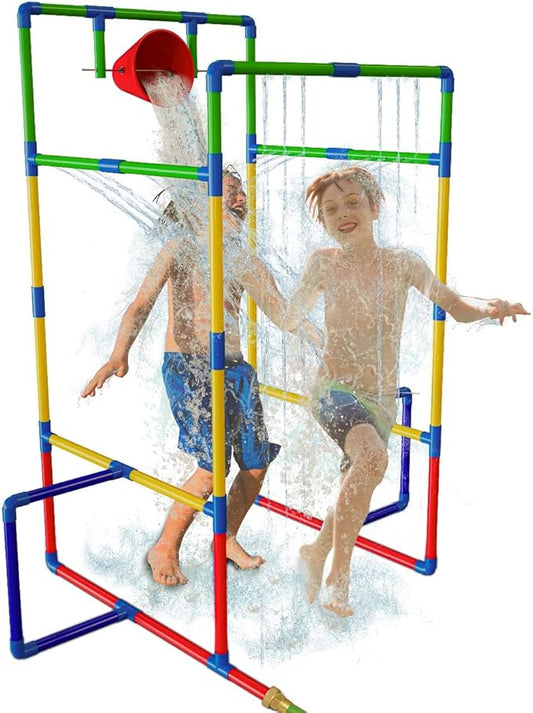 Kids Water Park Sprinkler Tunnel with Dunk Bucket for Kids | Outdoor Water Park for Kids Backyard Activity Summer Water Toy for Kids Outside