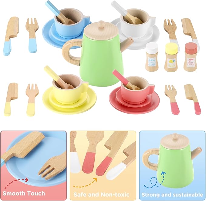 GAGAKU Wooden Tea Set and Wooden Play Dishes 2 in 1 Play Food Set Toy 28 PCS Montessori Wooden Play Kitchen Accessories Kitchen Toy for Toddlers Wooden Play Cooking Set for 3-8 Years Girls and Boys