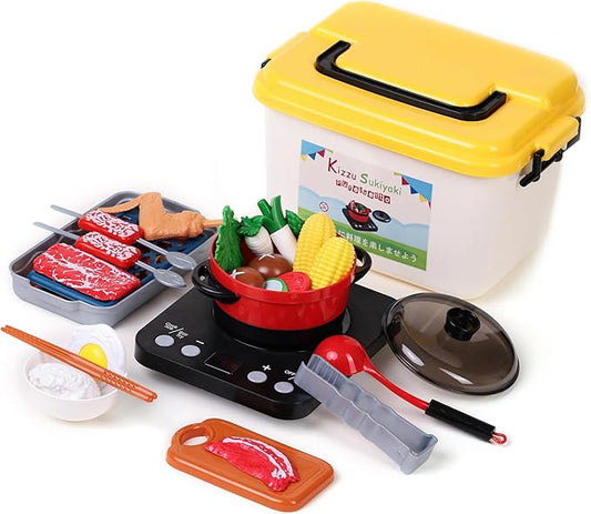 Pretend Play Kitchen Toy Including Janpanese Style Sukiyaki Hot Pot with Electronic Function, Grill Rack, Cooking Utensils, Cut Play Food and Toy Cutlery, Cooking Learning Gift for Girls and Boys