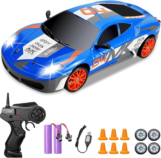 Remote Control Car RC Drift Car 2.4GHz 1:24 Scale 4WD 15KM/H High Speed, Rechargeable High Speed RC Cars with Cool Lights, Two Batteries and Extra Tires Toys for Kids