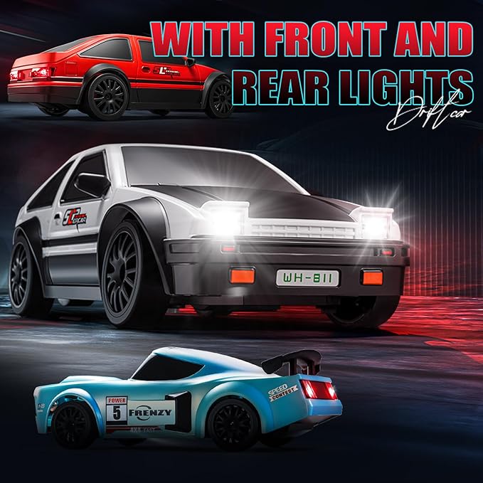 ACAMMZAR RC Drift Car, 1:24 Remote Control Car for Kids, 20KM/H 4WD High Speed RC Cars with LED Lights, Two Batteries, Extra Drifting Tires, Vehicle for Adults Boys Girls
