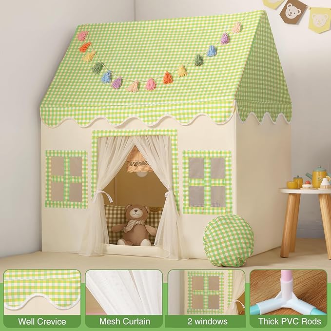 Kids Play Tent Indoor: Mat, Tassel Garland, Star Lights - Green Checkered Boys Tent Playhouse for Toddlers Kids Toys for Boy Girl Birthday Gift