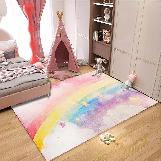 ABREEZE Kids Rainbow Rug Play Mat Ultra Soft Rugs for Kids Room, 5'x6.6' Non Slip Multi Color Children Nursery Rug Baby Rug Area Rug Kids Carpet for Bedroom Decor Playroom Living Room