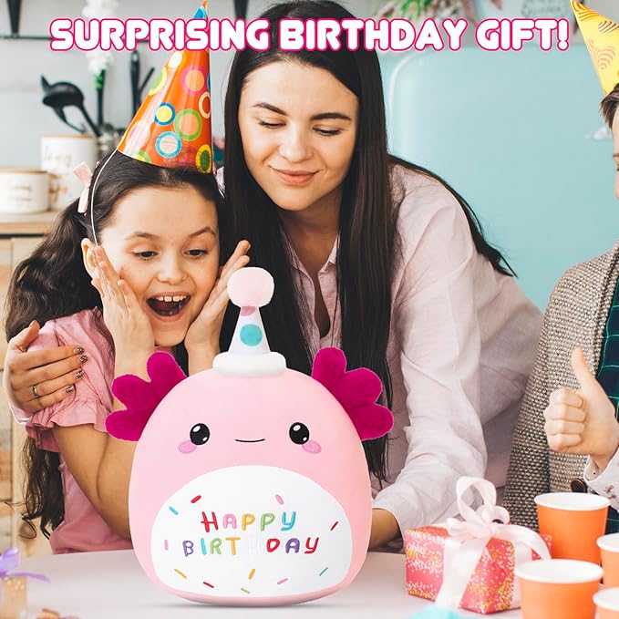 SQEQE Axolotl Stuffed Animal Toy Happy Birthday Axolotl Plush Cute Pink Birthday Plushies Doll Home Decor for Kids Girls Boys 10 Inch