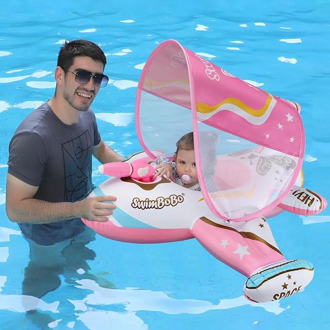 Swimbobo Toddler Pool Float Pink Inflatable Airplane Car Baby Swim Float with Water Gun and Safety Seat Pool Toys for Kids 3+ Years Old