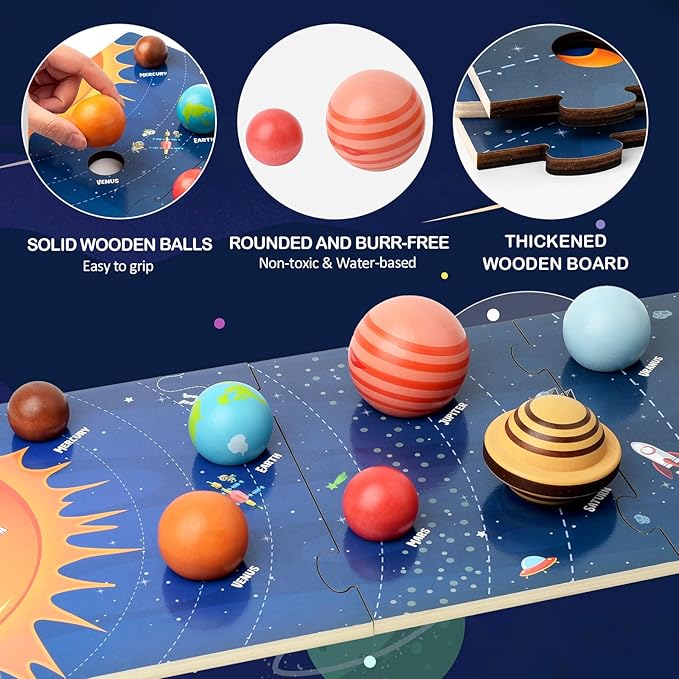 Wooden Solar System Model Board, Montessori Toys Planets Puzzle Science STEM Space Learning for Kids 4-8 with 3D Planets Models, Prechool Educational Gift for Boys Girls