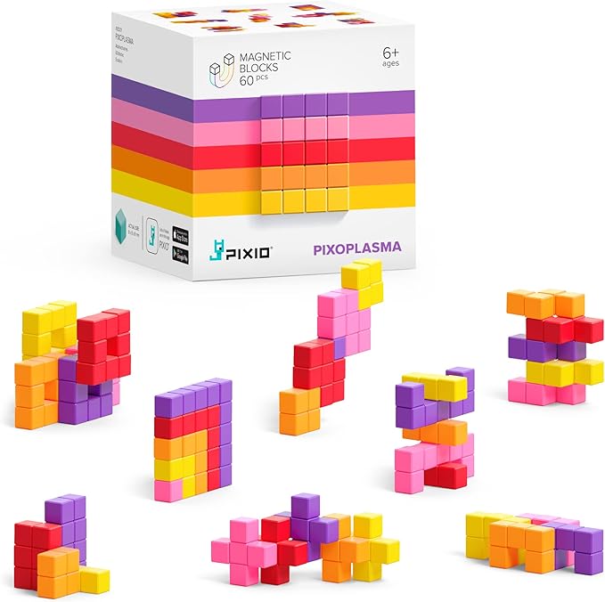 PIXIO PIXOPLASMA - Tiny Magnetic Blocks Building Toy in The Pixel Art Style with Free App - 5/16" Plastic Cubes with 6 Magnets Inside - Open Ended Toy - Creativity Toy for Ages 6+ - 60pcs