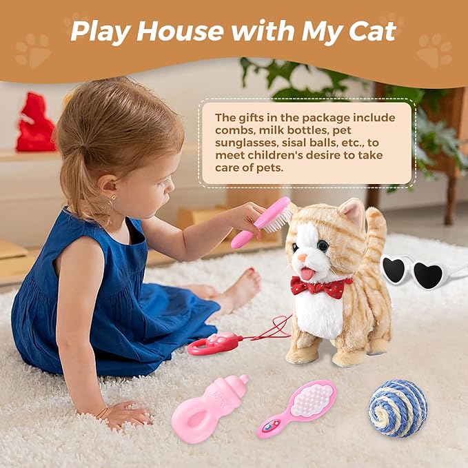 Yellow Pattern Leash Walking Cat Set Interactive Talking Toy Singing Dancing Kitten Mimicking Repeat What You Say Kitty Touch and Voice Control Nodding Wagging Tail Plush Electric Robot for Kid Girl