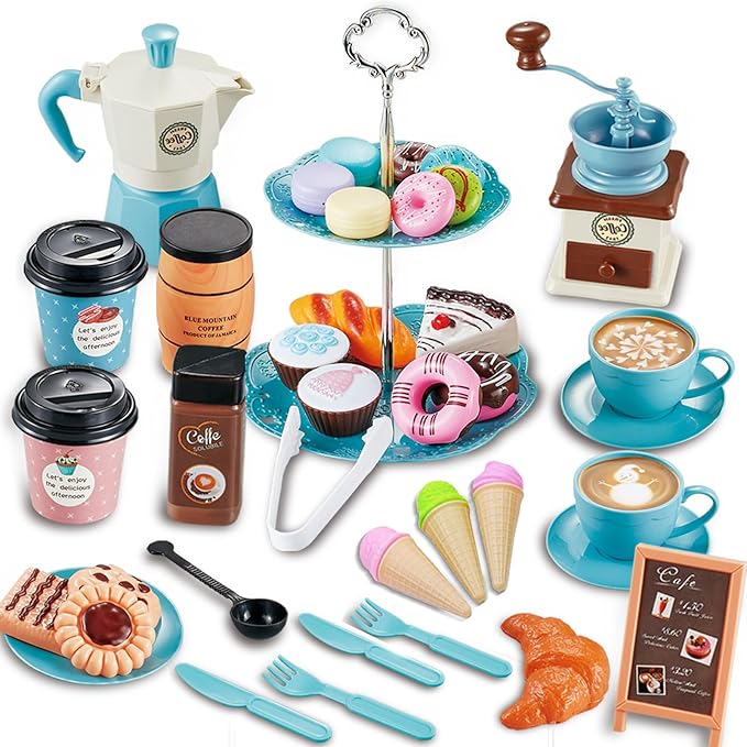 Pretend Tea Party Set for Little Girls, 41 PCS Coffee Maker Set and Play Food Dessert Set for Kids Age 3 4 5 6 7 8 9, Kids Kitchen Pretend Play for Princess Girls Boys