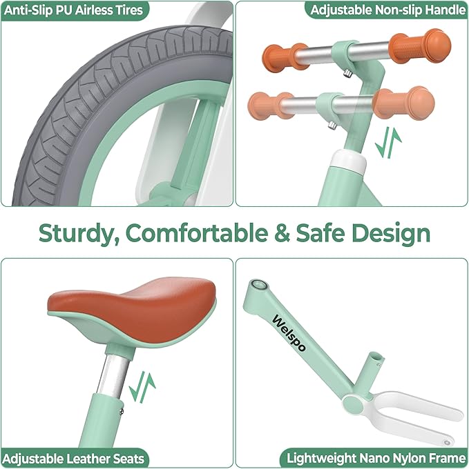 welspo 12-Inch Kids Balance Bike, No Pedal Toddler Bike for 2-5 Years Old Boys and Girls, Lightweight Nylon Frame with Adjustable Handlebar and Seat, Shock Absorption, Anti-Slip PU Airless Tires