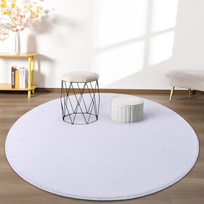 FlyDOIT Round Area Rugs for Bedroom Living Room, 4x4 White Super Soft Comfy Thickened Memory-Foam Indoor Circle Carpets, Modern Aesthetic Minimalist Carpet for Boys Girls Adults Nursery Home Décor