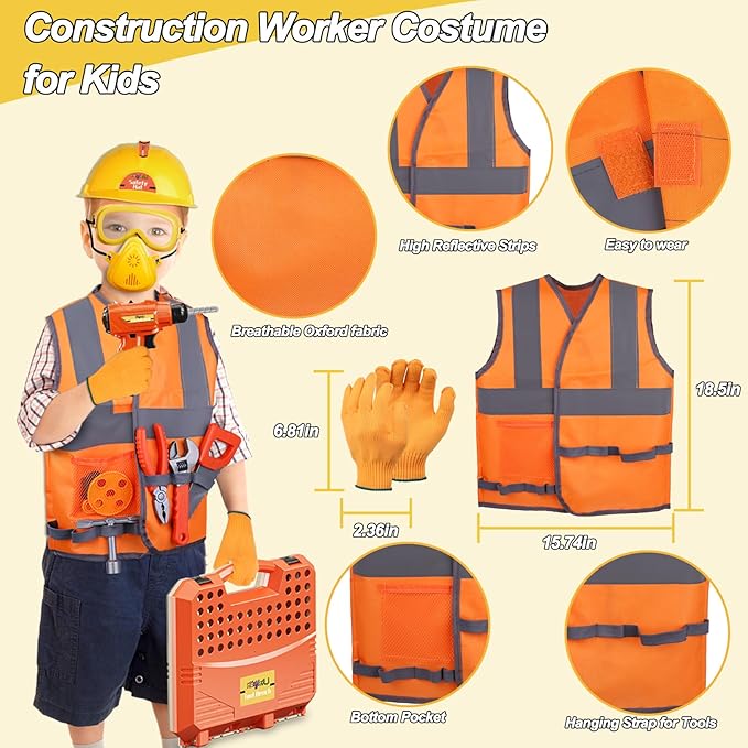 Kids Tool Bench Set,MAGIC4U 95PCS Toddler Tool Workbench with Electronic Drill 13 Tool Equipements,Safety Vest & Hat,Pretend Play Kids Construction Toys Gift for Boys Girls Age 3,4,5,6,7,8