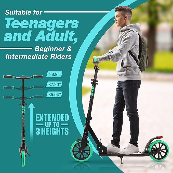 SereneLife Kick Scooter Adult Teenagers Kids- 2 Wheel Kids Scooter with Adjustable T-Bar Handlebar - Alloy Anti-Slip Deck - Portable Folding Scooters for Kids with Carrying Strap