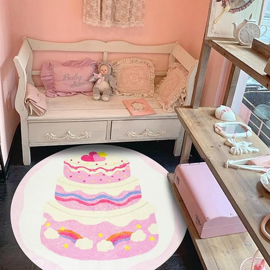 Kids Rug Pink Cake Bedroom Carpet for Girls 4Ft Round Rainbow Dessert Play Mat Circle Playroom Area Rug for Nursery Living Room Classroom Decor Washable Children Throw Rug