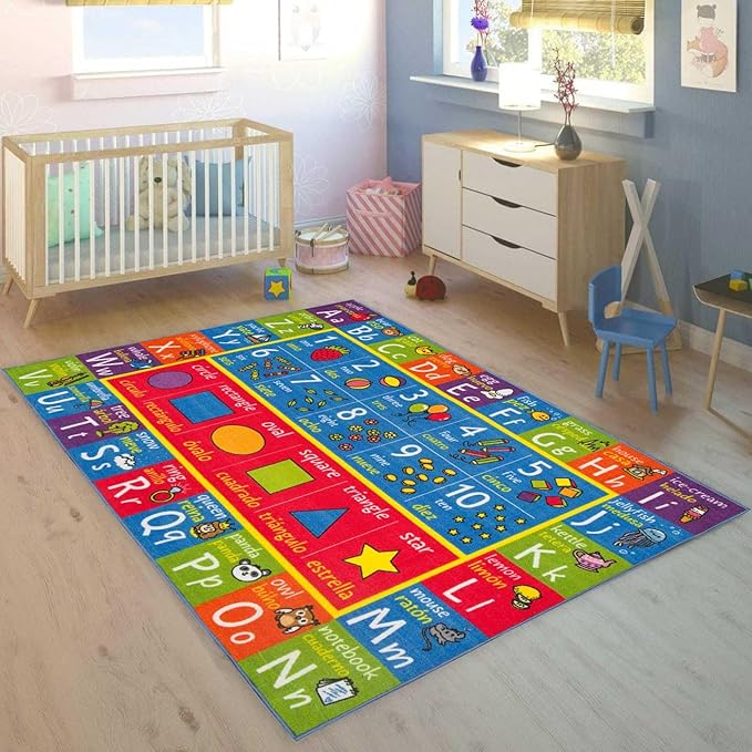 KC Cubs ABC Alphabet, Seasons, Days + Spanish Translations Educational Learning Game Play Boy & Girl Kids Area Rug Carpet for Children Bedroom, Toddler Classroom, & Baby Playroom Floor Activity Mat