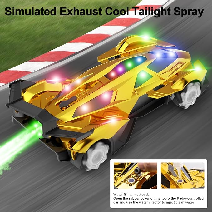 SASBSC Remote Control Car Toy for Boys Age 8-12, 1:12 Scale Gold Lambo Toy with 360°Rotating Drifts Colorful Lights、Spray& Musics, Speed 10-12km/h RC Race Toy Car for Boys Girls Birthday