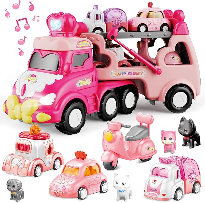 9 in 1 Carrier Truck Cars Toys for Girls Toddlers,Pink Princess Girl Car with Light and Sound,Toddler Girl Toys Age 1-2 2-4,Toys for 1 2 3 Year Old Girls Birthday for Baby Girl…