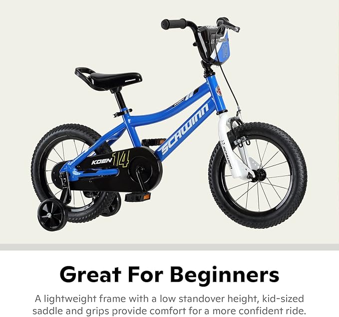 Schwinn Koen BMX Style Toddler and Kids Bike, For Girls and Boys, 14-Inch Wheels, With Saddle Handle, Training Wheels, Chain Guard, and Number Plate, Recommended Height 36-40 Inch, Blue