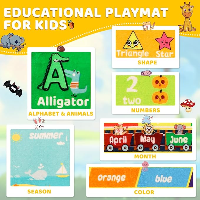 ABC Kids Rug for Playroom 59"×39.4" Baby Play Mat Alphabet Rug Animal Number Shape Classroom Rug Kids Playroom Rug Early Learning Carpet for Educational Learning & Game Area Preschool