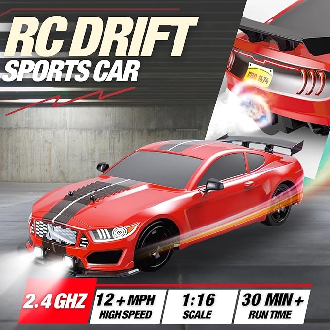 Liberty Imports RC Drift Car 1/16 2.4GHz 4WD Remote Control Sport Racing On-Road Vehicle with LED Light, Batteries and Drift Tires (Red)