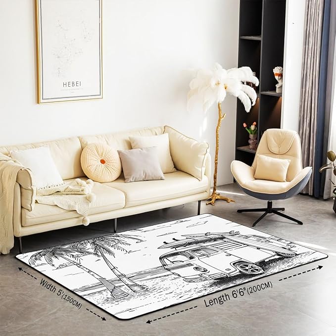 Erosebridal Camping Van Area Rug 5x7 Summer Vacation Rug for Adults Kids Hand Drawn Ocean Beach Palm Tree Carpet Surfboard Tropical Coastal Bedroom Non Shedding Accent Rug