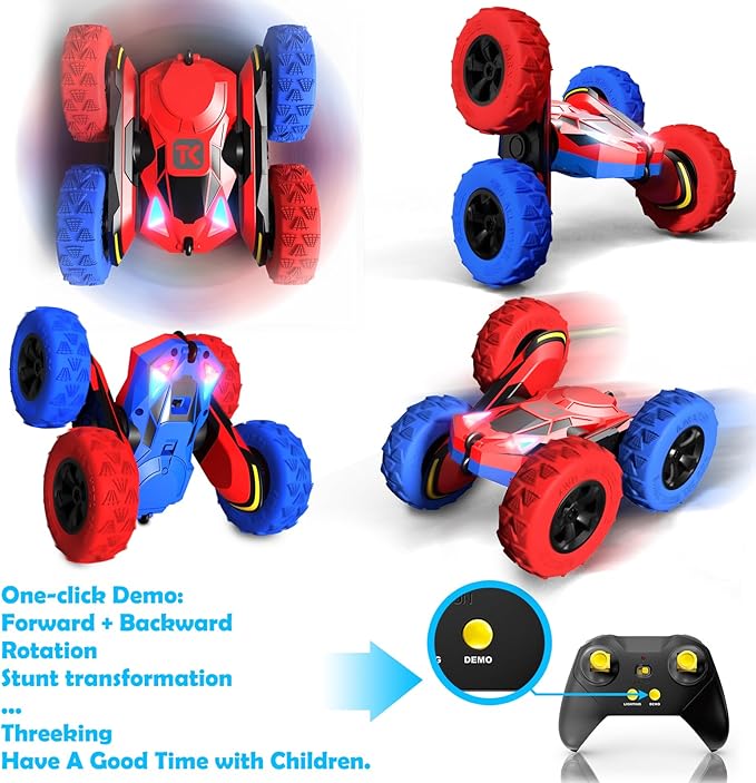 Threeking RC Stunt Car Remote Control Cars with Lights Double-Sided Driving Indoor Outdoor Toys Gifts Presents for 6 7 8 9 10 11 12 Year Old Kids Boys Girls