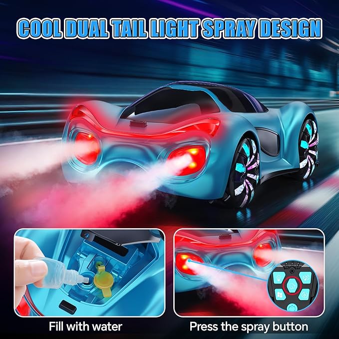 Remote Control Car,RC Drift Car Boys Toys for 4 5 6 7 8 9 10 11 12 Year Old 2.4GHz 360° Rotate RC Cars with Cool Lights, Music & Spray Effects Cool Birthday Presents Gifts for Kids & Boys 4-12