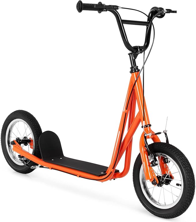 Goplus Youth Kick Scooter, Kids Kick Scooter W/ 12-Inch Air Filled Wheels, Carbon Steel Frame, Adjustable Handlebar, Front and Rear Dual Brakes, Ride On Toys for Adults Teens 8+