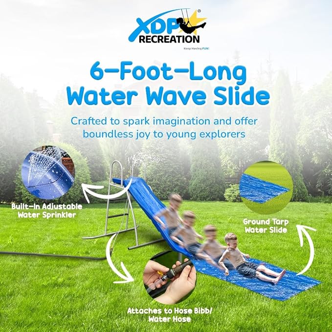 6' Water Wave Slide for Backyard Fun. Free Standing with Built in Adj. Water Sprinkler and Sliding Tarp. 67" L x 46" W x 46" H, by XDP Recreation
